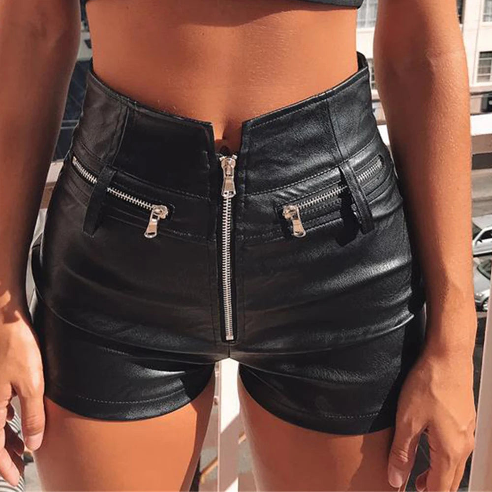 Sexy Black PU Casual Fashion Summer Shorts Women Clothing Goth Faux Leather High