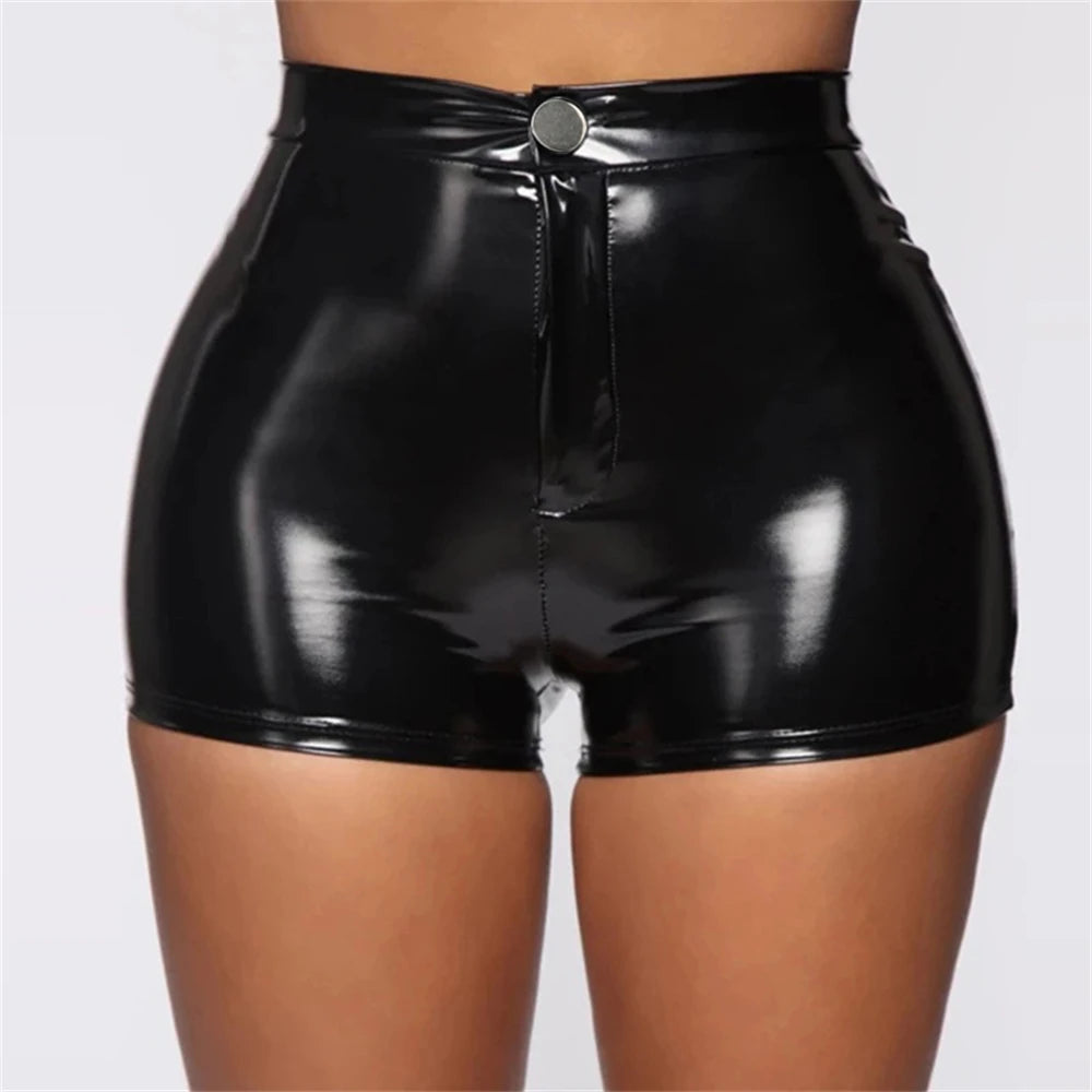 Sexy Black PU Casual Fashion Summer Shorts Women Clothing Goth Faux Leather High