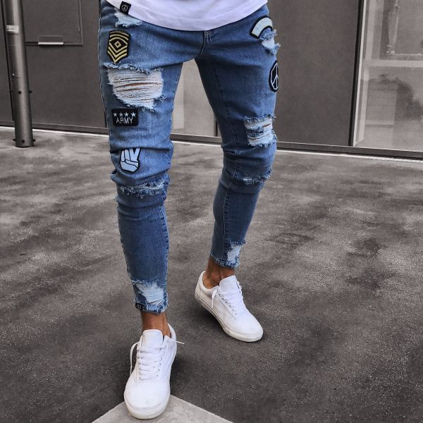 Custom Embroidered Jeans Tapered Mens Scratch Pants Fit Slim Skinny Jeans Men Biker Jeans
