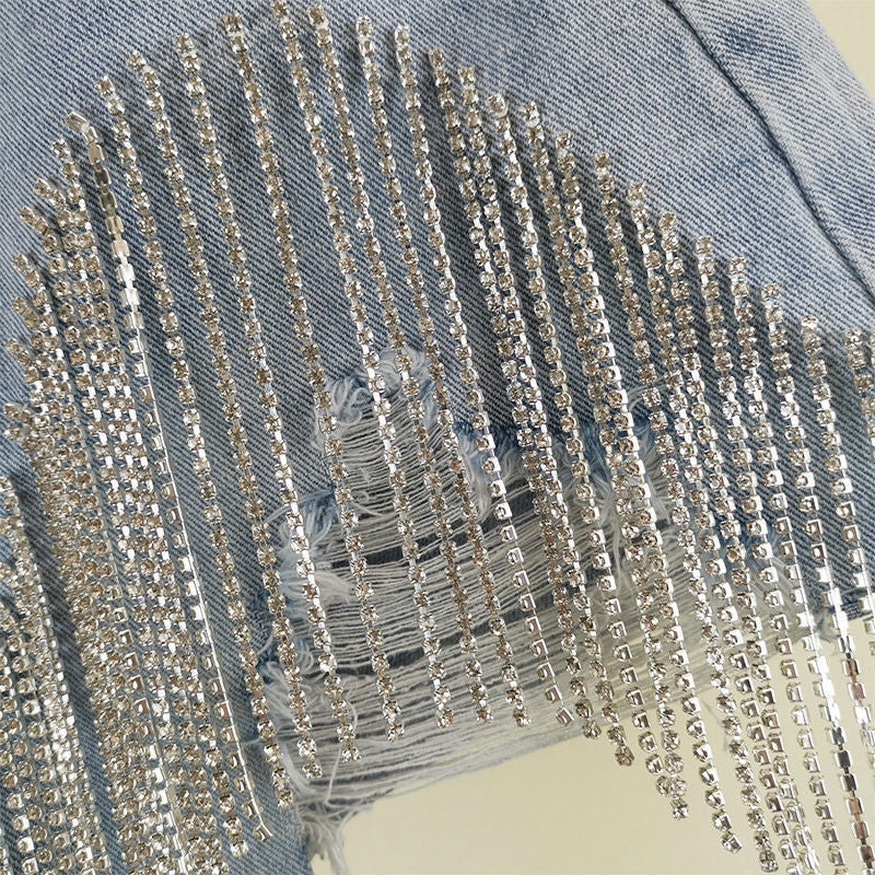 Summer Ripped Jeans Short Femme High Waist Diamond Tassel Y2k Casual Bottoms