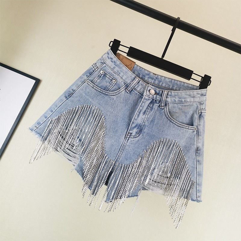 Summer Ripped Jeans Short Femme High Waist Diamond Tassel Y2k Casual Bottoms