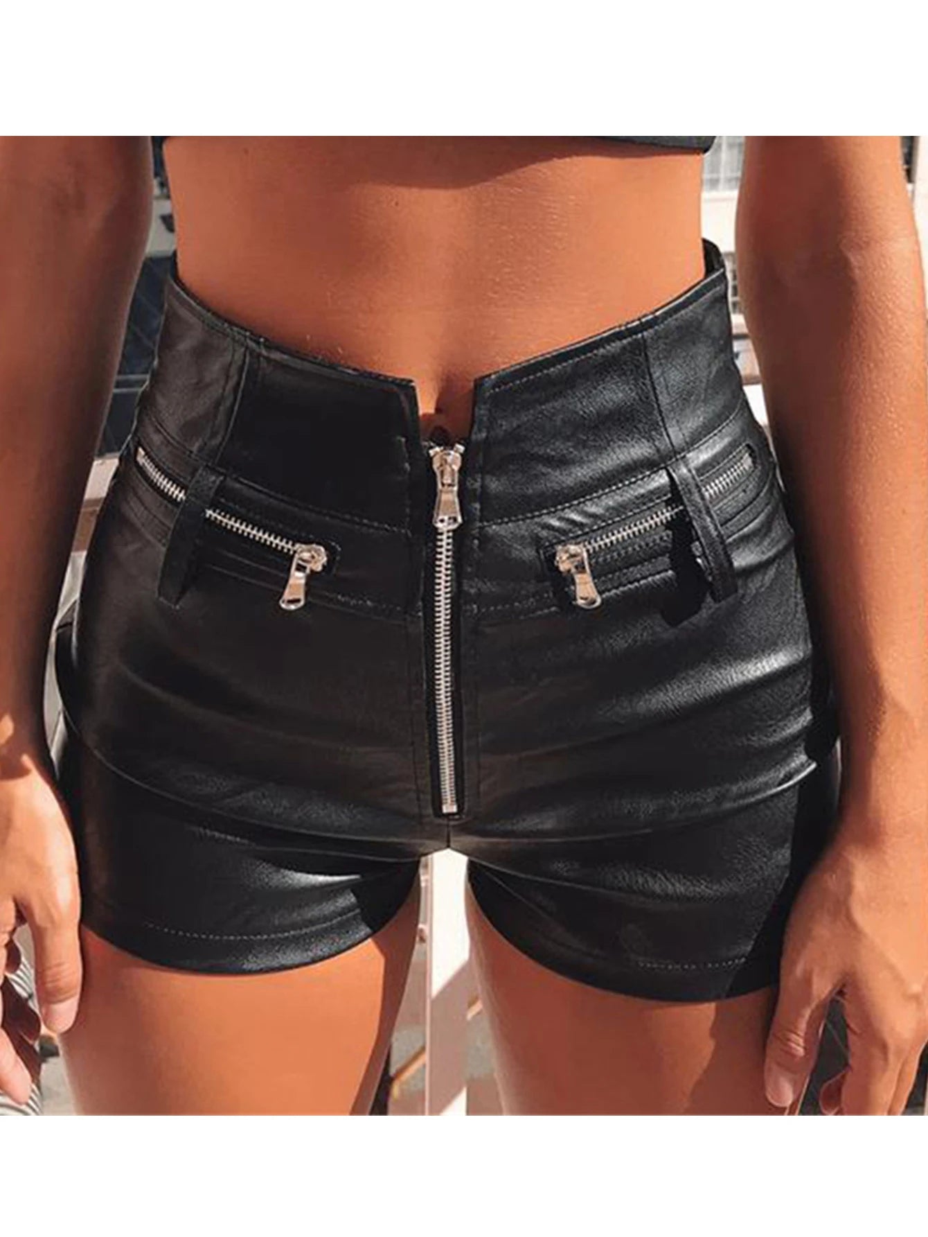 Sexy Black PU Casual Fashion Summer Shorts Women Clothing Goth Faux Leather High