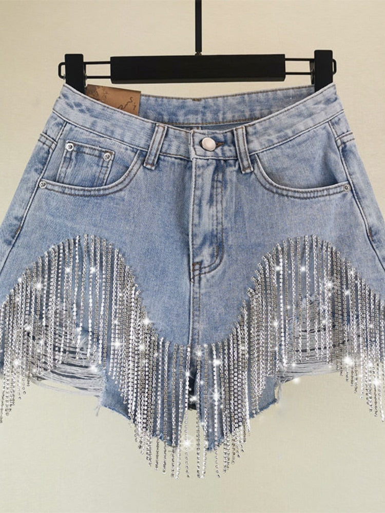 Summer Ripped Jeans Short Femme High Waist Diamond Tassel Y2k Casual Bottoms