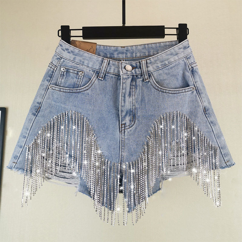 Summer Ripped Jeans Short Femme High Waist Diamond Tassel Y2k Casual Bottoms