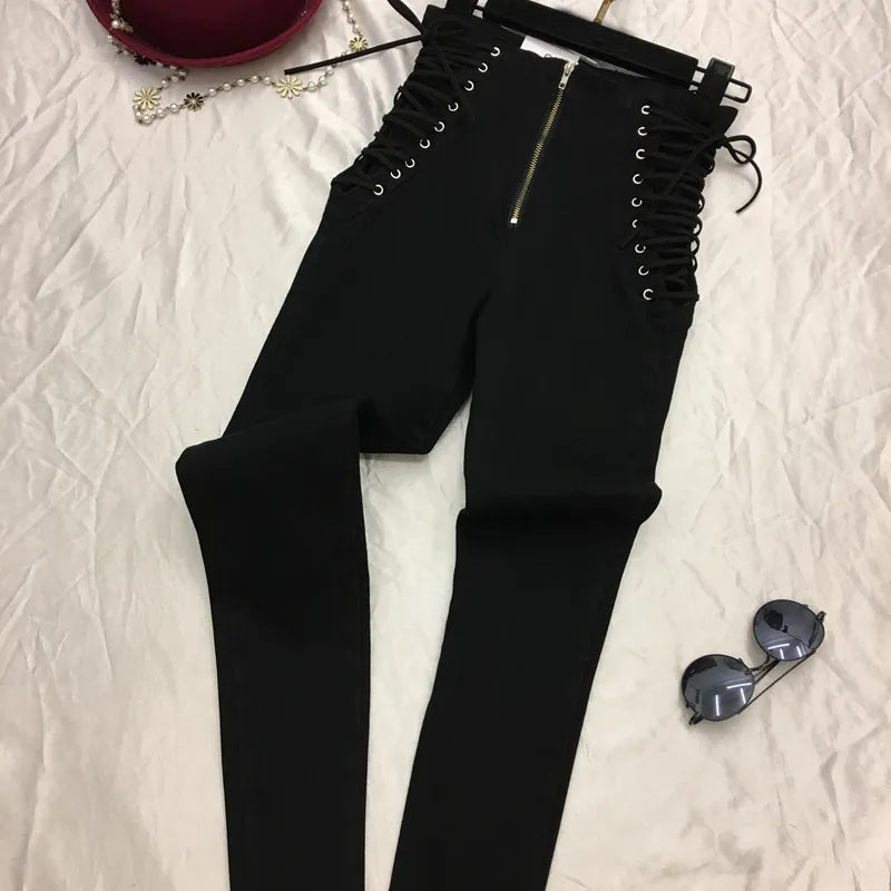 Jeans Women Lace-Up Skinny All-Match Zipper Simple Trendy Ankle-Length Trousers Womens Spring Autumn Slim Female High Quality