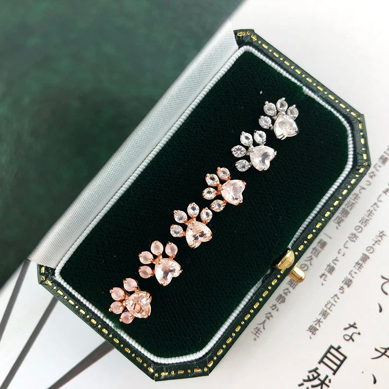 LAMOON Cat Paw 925 Sterling Silver Earrings for Women Rose Quartz Stud Earring