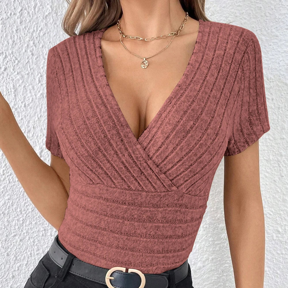 Mia Muse Women's T-Shirts All Seasons Korean Solid Color Short Sleeve V