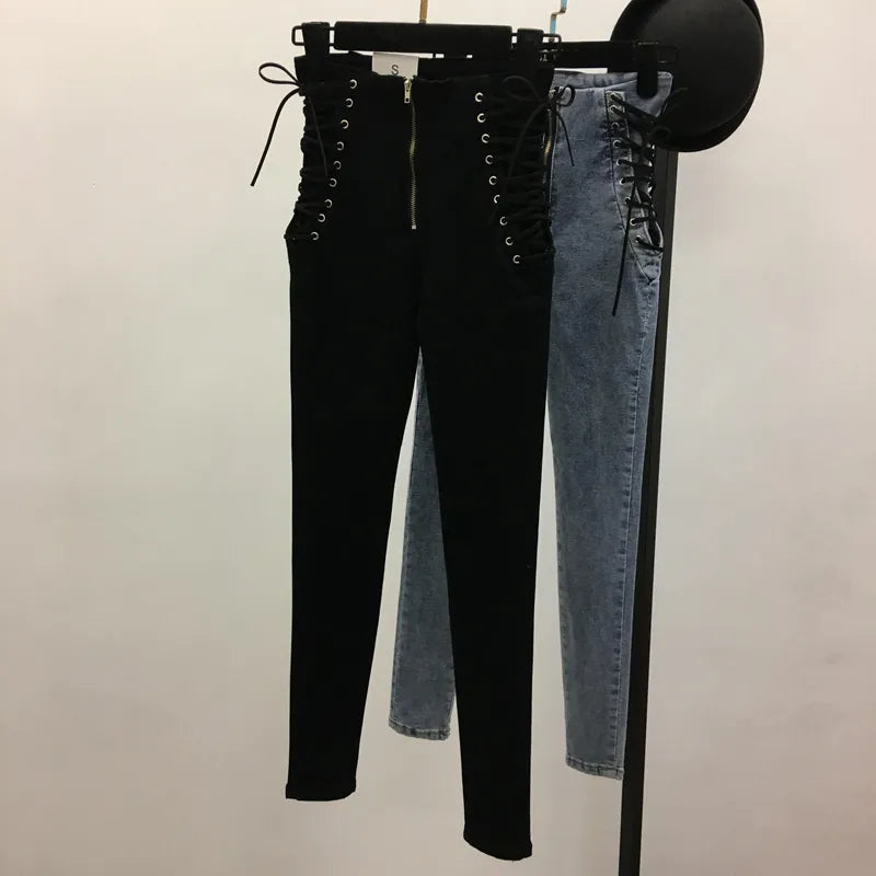 Jeans Women Lace-Up Skinny All-Match Zipper Simple Trendy Ankle-Length Trousers Womens Spring Autumn Slim Female High Quality