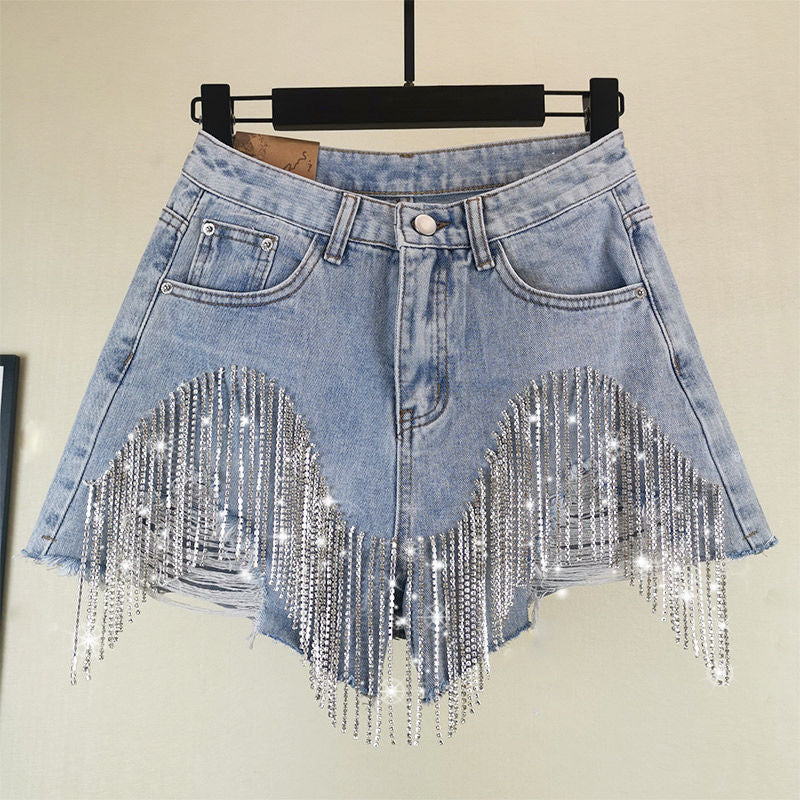 Summer Ripped Jeans Short Femme High Waist Diamond Tassel Y2k Casual Bottoms