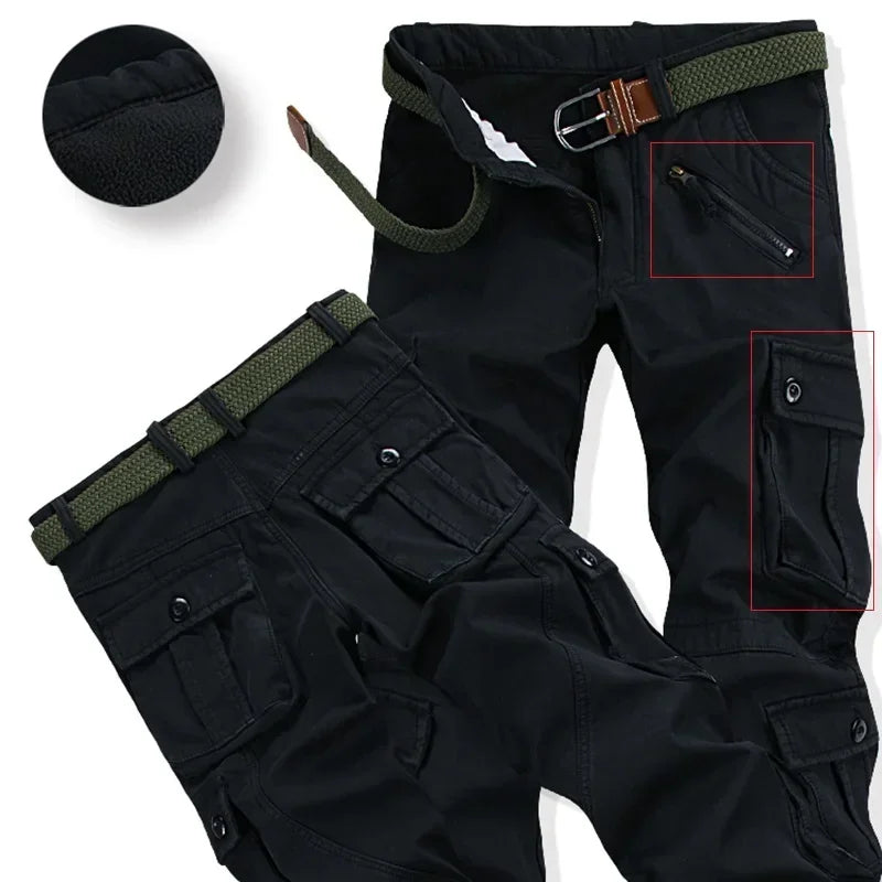 Men's Winter Pant Thick Warm Cargo Pant Casual Fleece Pocket Fur Trouser Plus Size Brushed Fashion Loose Baggy Joger Worker Male