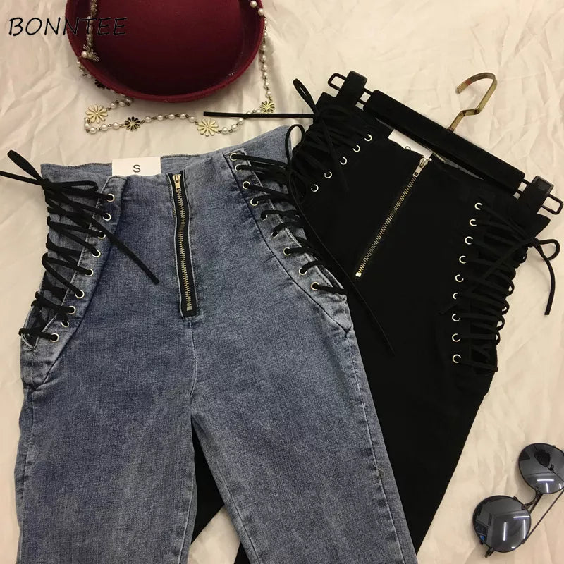 Jeans Women Lace-Up Skinny All-Match Zipper Simple Trendy Ankle-Length Trousers Womens Spring Autumn Slim Female High Quality