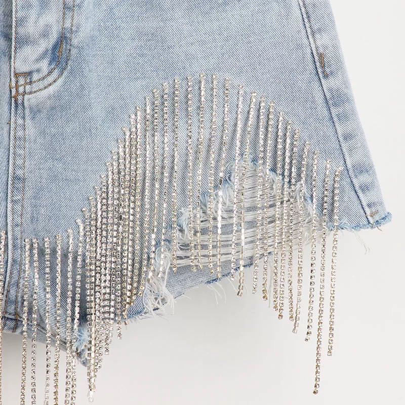 Summer Ripped Jeans Short Femme High Waist Diamond Tassel Y2k Casual Bottoms