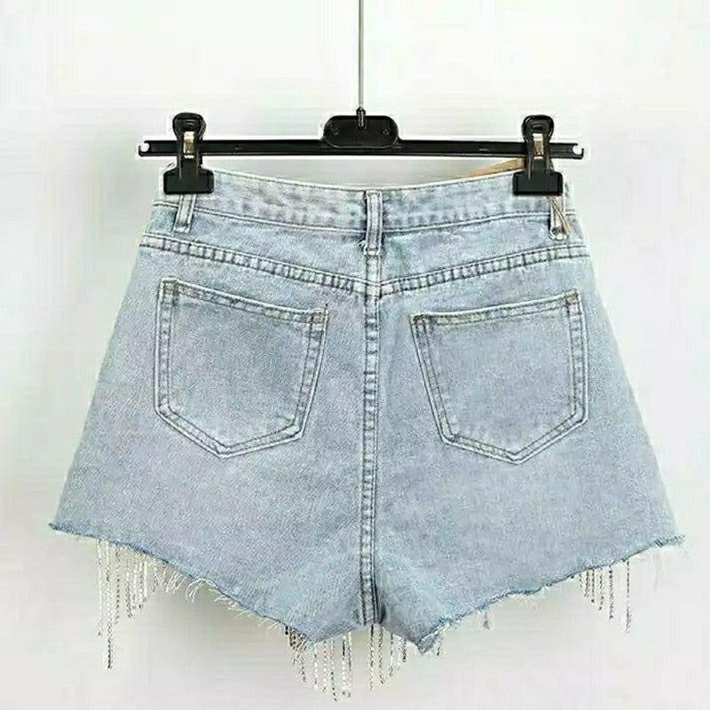 Summer Ripped Jeans Short Femme High Waist Diamond Tassel Y2k Casual Bottoms