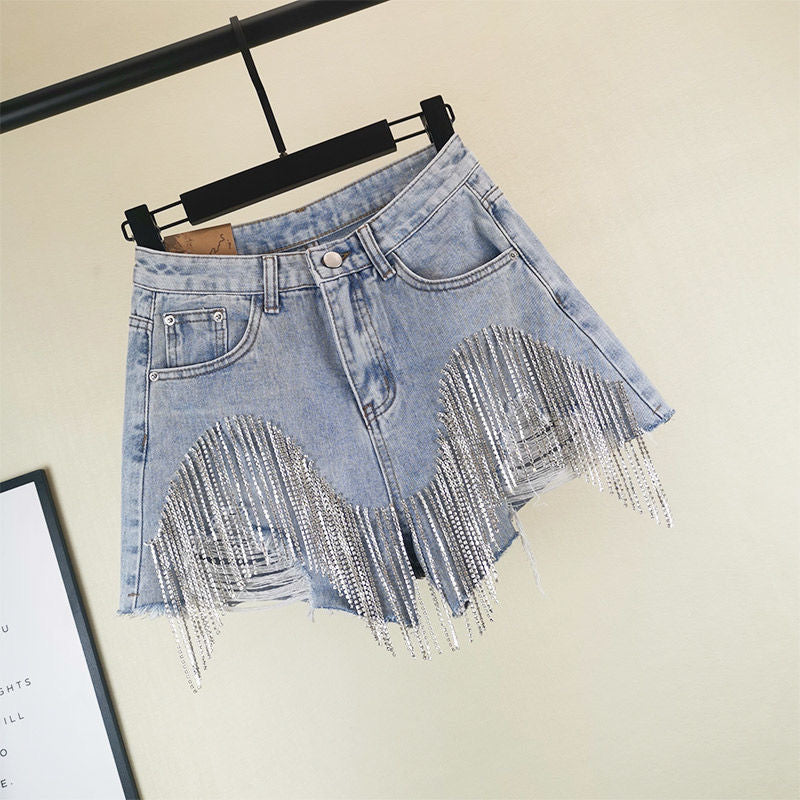 Summer Ripped Jeans Short Femme High Waist Diamond Tassel Y2k Casual Bottoms