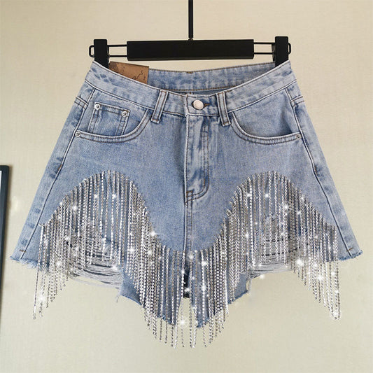 Summer Ripped Jeans Short Femme High Waist Diamond Tassel Y2k Casual Bottoms